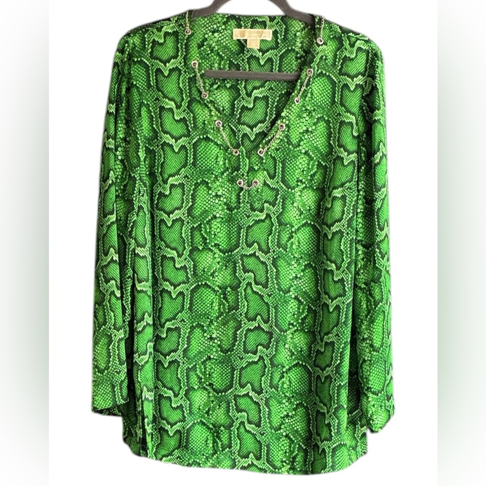 Michael Michael Kors Green Snake-Print Long Sleeve V-Neck Blouse Tunic size L